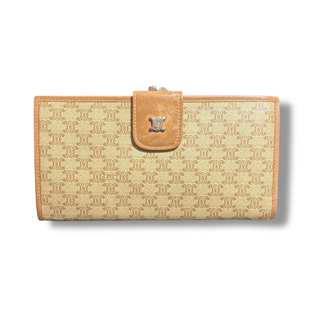 Vintage Celine Macadam Triomphe Long Bifold Wallet Beige Canvas Leather M10